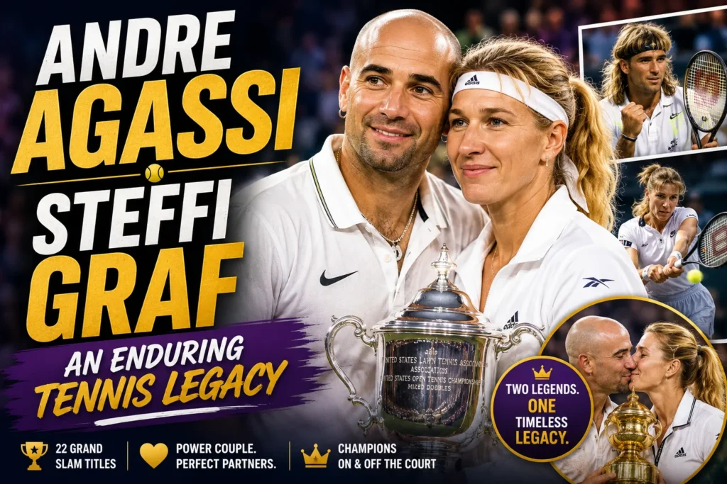 Andre Agassi and Steffi Graf tennis legacy thumbnail with trophies, action shots, and championship moments.