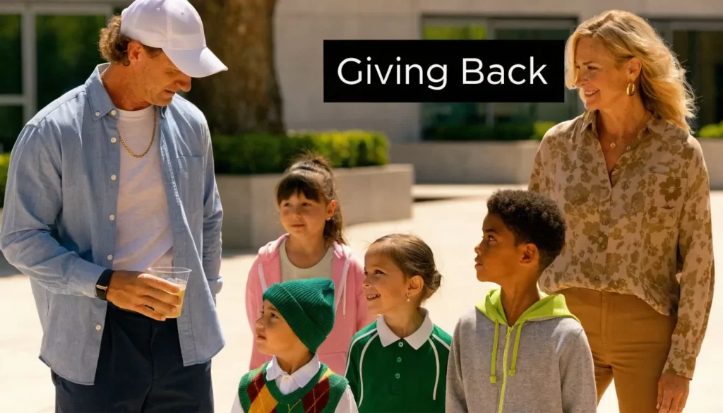 Andre Agassi Steffi Graf: An Enduring Tennis Legacy Couple interacting with children outdoors during a community event with “Giving Back” text overlay.
