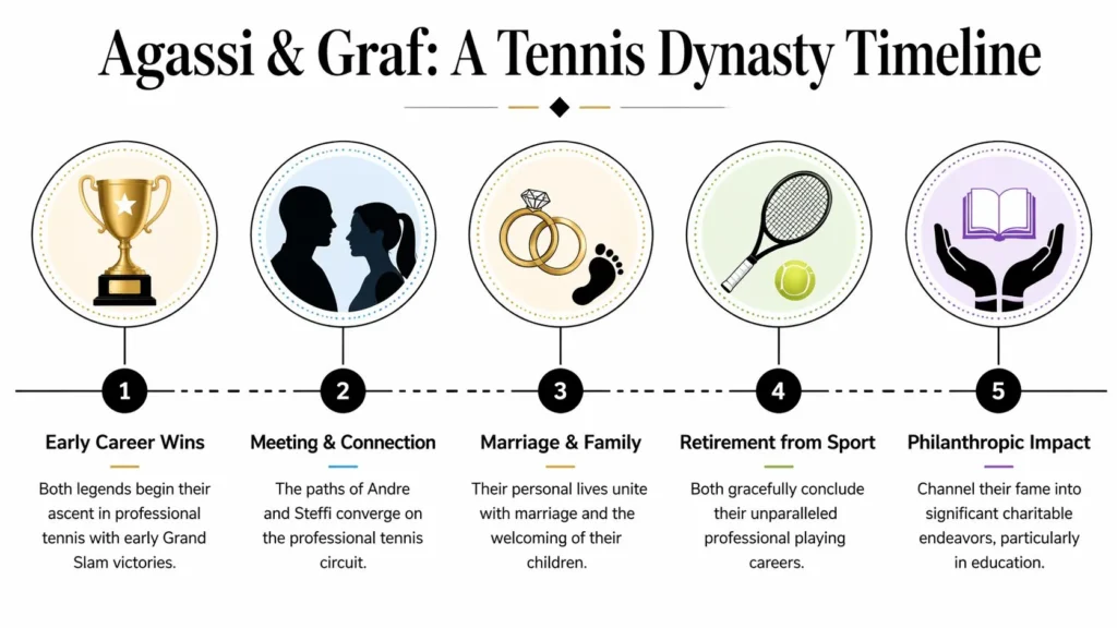Andre Agassi Steffi Graf: An Enduring Tennis Legacy Timeline infographic of Agassi and Graf’s tennis careers, marriage, retirement, and philanthropy.