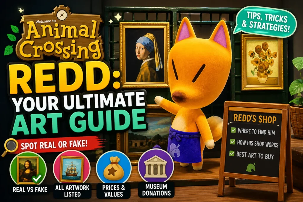Cartoon fox art dealer with paintings and bold text “Redd Art Guide,” showing tips on spotting real vs fake artwork