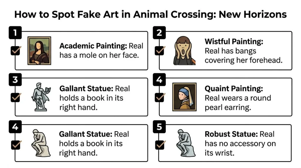 Animal Crossing Redd: Your Ultimate Art Guide Infographic on spotting fake art in Animal Crossing, listing real vs fake traits for paintings and statues with icons and tips