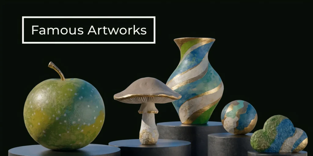Animal Crossing Redd: Your Ultimate Art Guide “Famous Artworks” display with stylized apple, mushroom, vase, and spheres on pedestals against a dark background