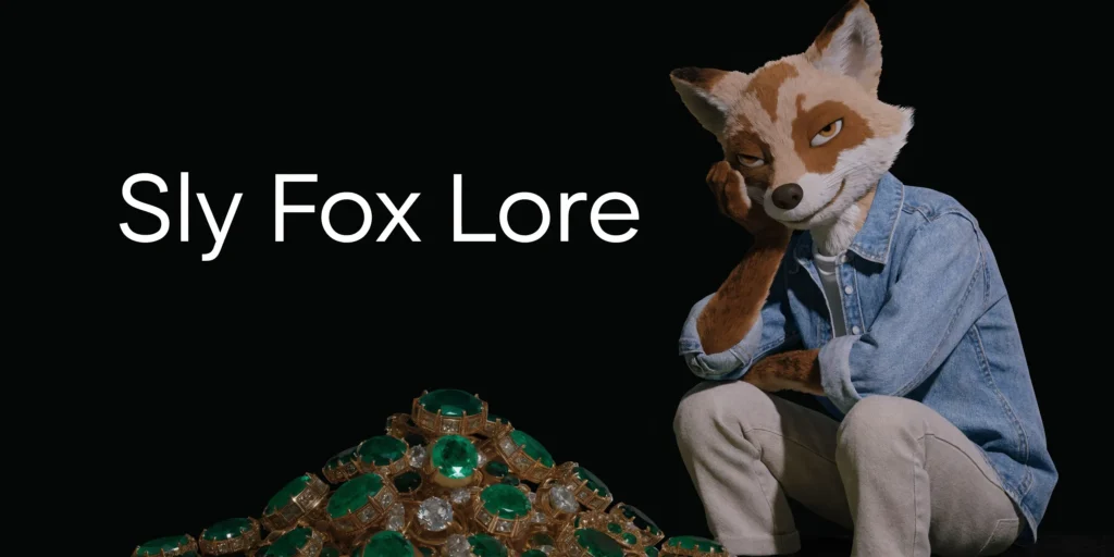 Animal Crossing Redd: Your Ultimate Art Guide “Sly Fox Lore” with a stylized fox character in denim beside a pile of green gemstones on a dark background