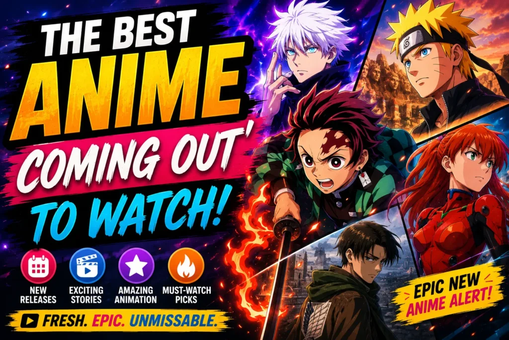 Colorful anime releases thumbnail with action characters, glowing effects, and bold “anime coming out” text.