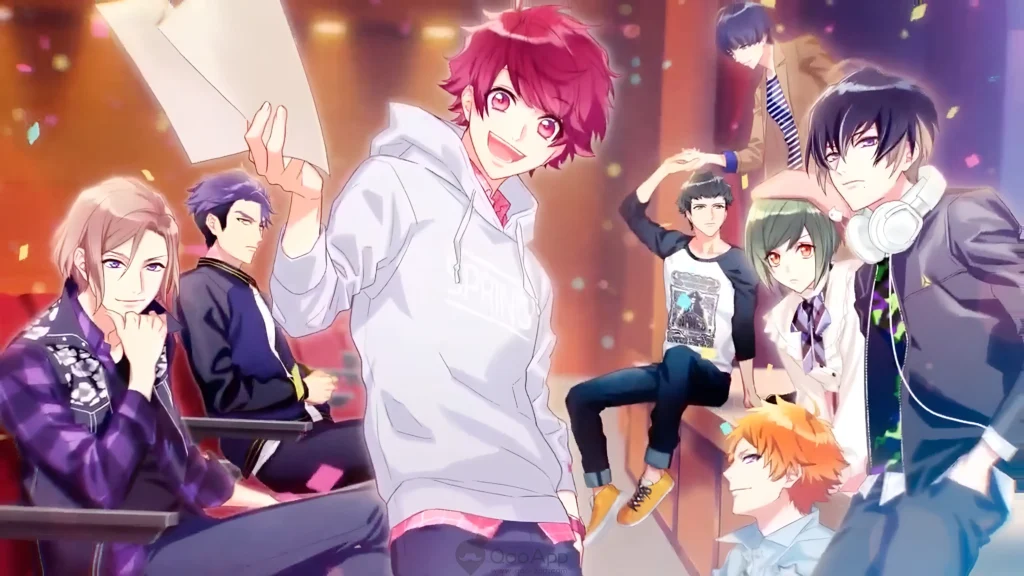 Colorful anime ensemble cast posing together with confetti, featuring stylish characters in vibrant outfits.
