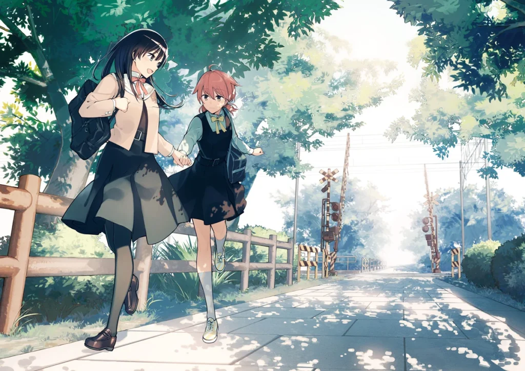 Two anime schoolgirls walk hand in hand along a sunny tree-lined path near a railway crossing.
