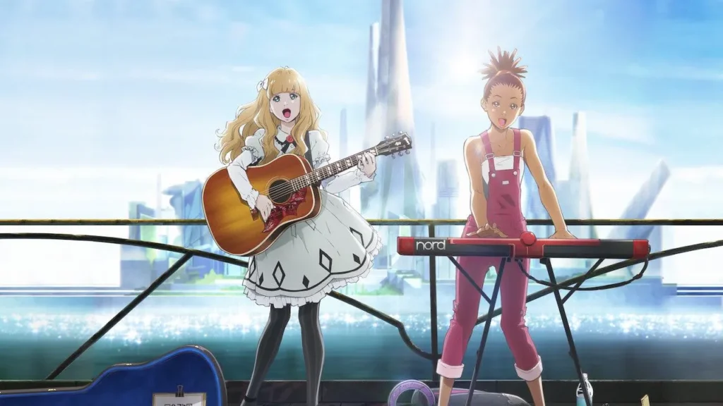 Anime girls perform with guitar and keyboard against a futuristic city backdrop.