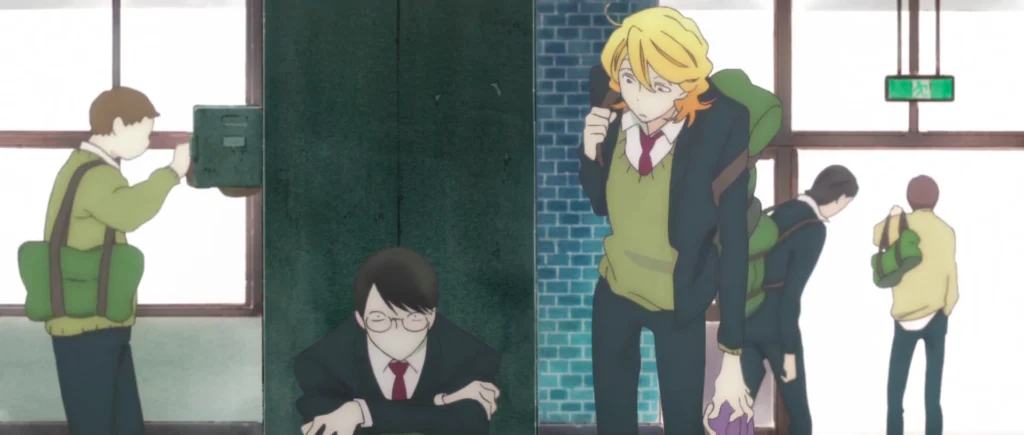 Anime-style students with backpacks in a school hallway, one crouching near lockers.