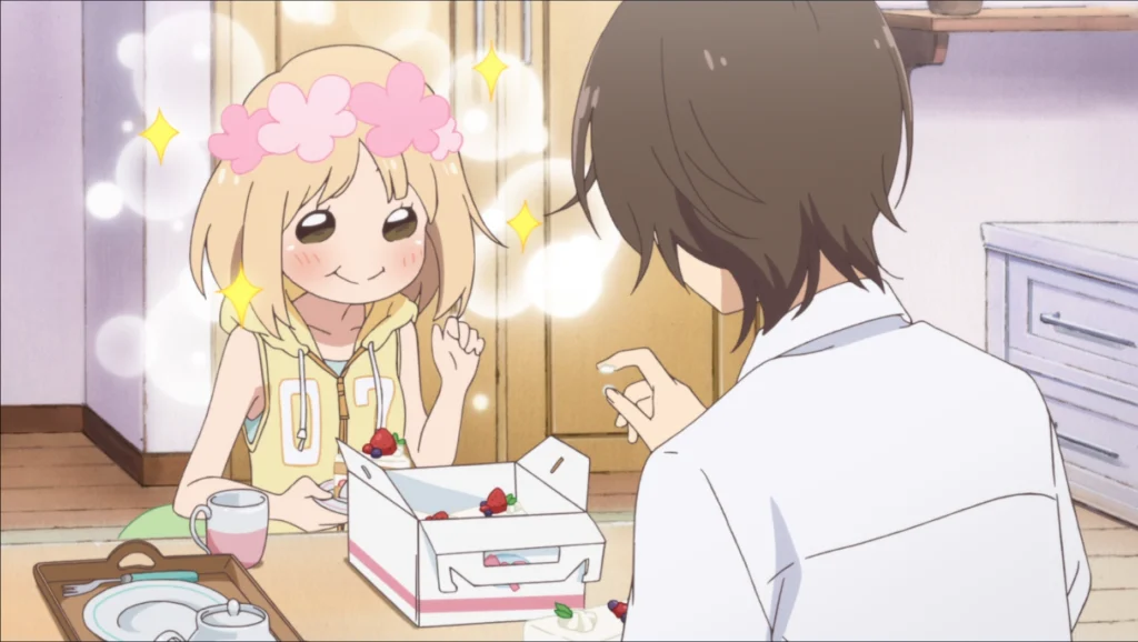 Cute anime girl with flower crown smiling at a table while sharing cake with another character indoors.