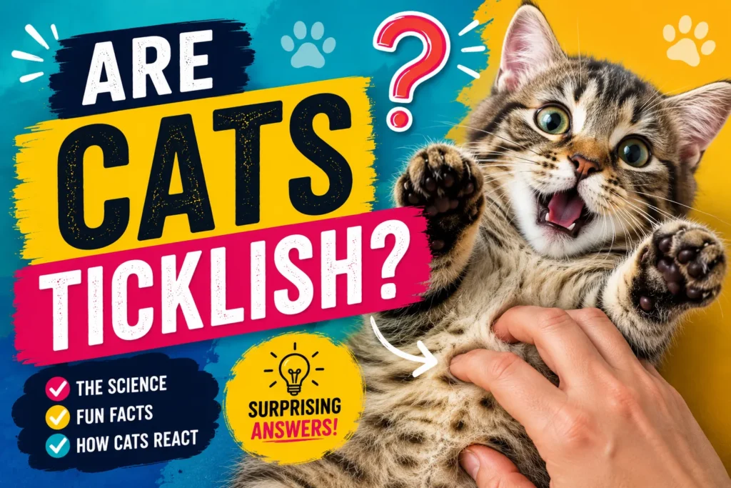 Playful kitten being tickled with bold colorful text asking “Are Cats Ticklish?” on a bright background.