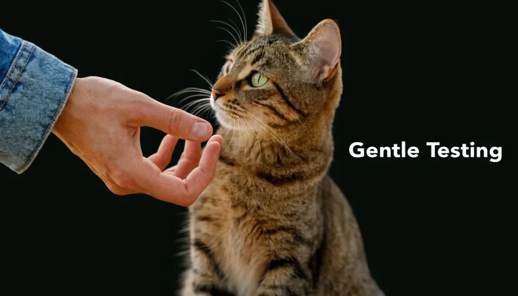 Are Cats Ticklish: The Truth About Feline Sensitivity Person gently reaching toward a tabby cat, illustrating careful interaction and testing a cat’s comfort level.