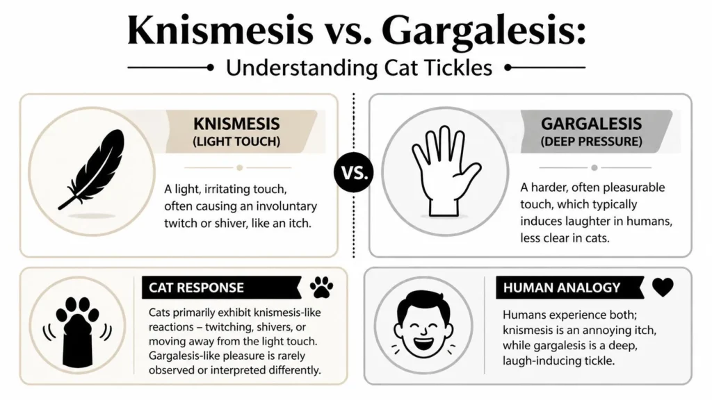 Are Cats Ticklish: The Truth About Feline Sensitivity Infographic comparing knismesis and gargalesis tickles in cats, explaining touch responses and reactions.