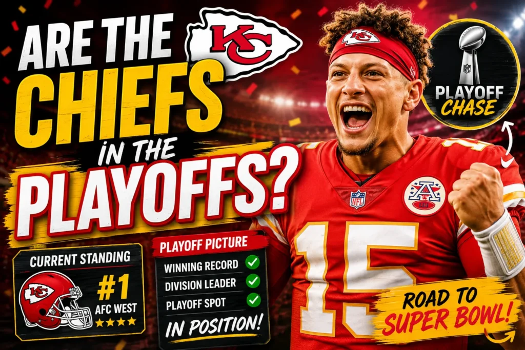 Kansas City Chiefs playoff thumbnail with football player, stadium lights, and bold playoff race graphics.