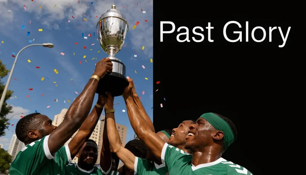 Football players celebrating with a trophy and confetti under the text Past Glory.