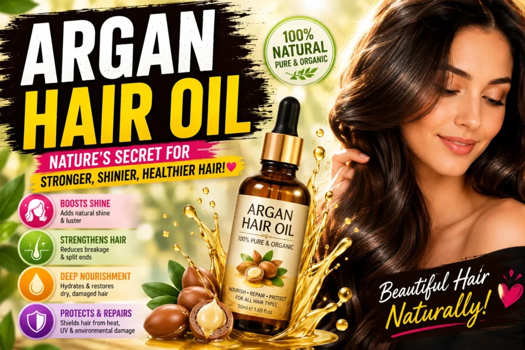 Argan hair oil thumbnail with shiny-haired woman, oil bottle, golden splashes, and natural beauty graphics.