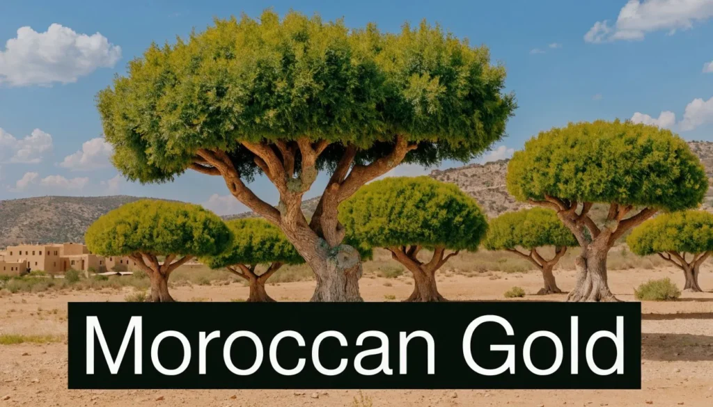 Argan trees with dense green canopies growing in a sunny Moroccan desert landscape.