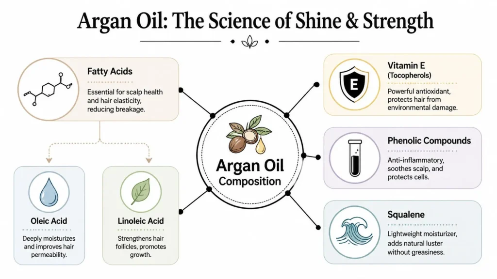 Infographic explaining argan oil nutrients, including fatty acids, vitamin E, phenols, and squalene benefits.