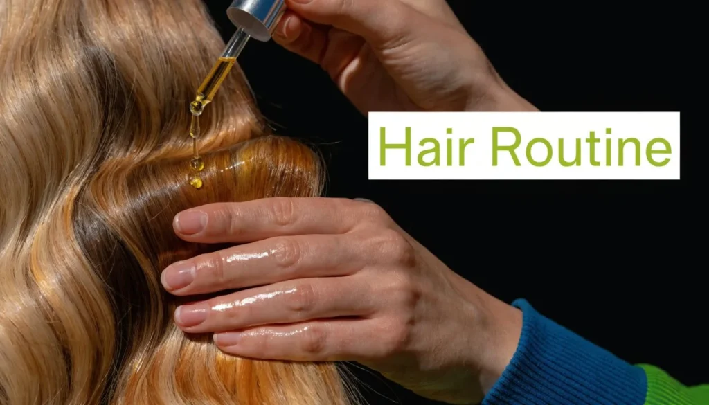Hair oil being applied with a dropper to shiny blonde hair as part of a hair care routine.