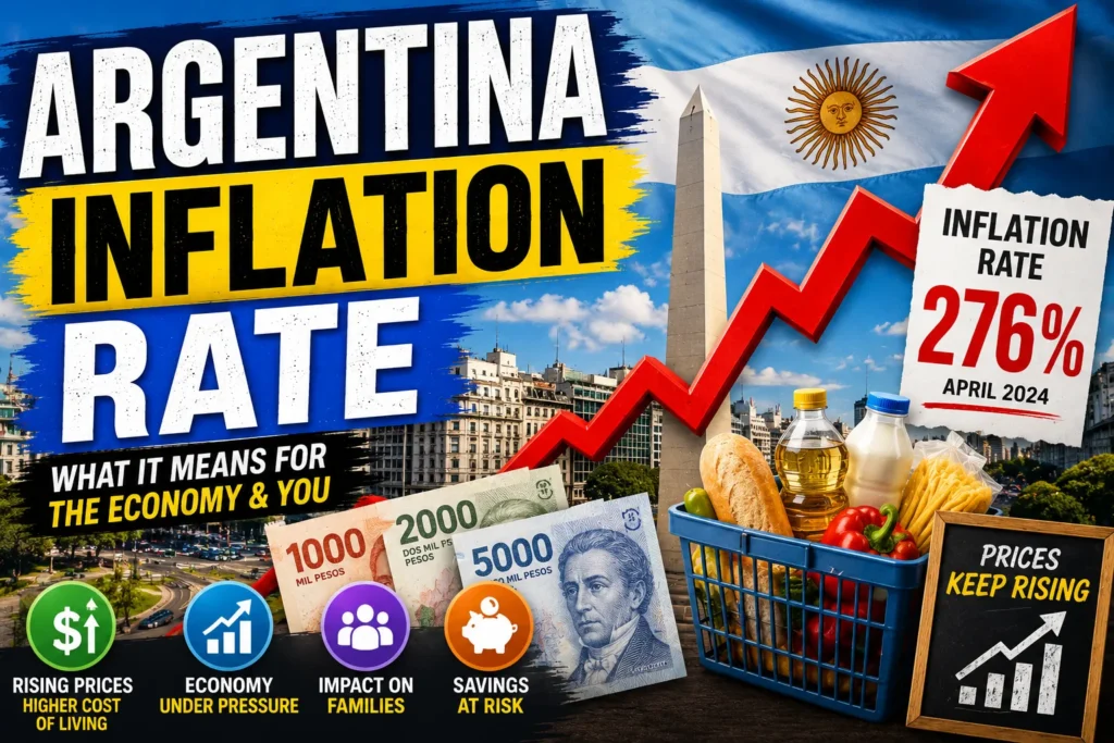Colorful Argentina inflation rate thumbnail with rising graph, peso bills, grocery basket, and economy graphics.