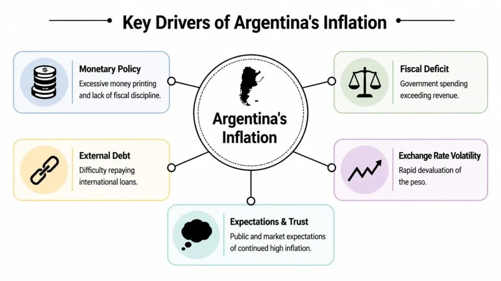 Argentina Inflation Rate: A Complete 2026 Explainer Infographic showing key drivers of Argentina’s inflation, including debt, deficits, and currency volatility.