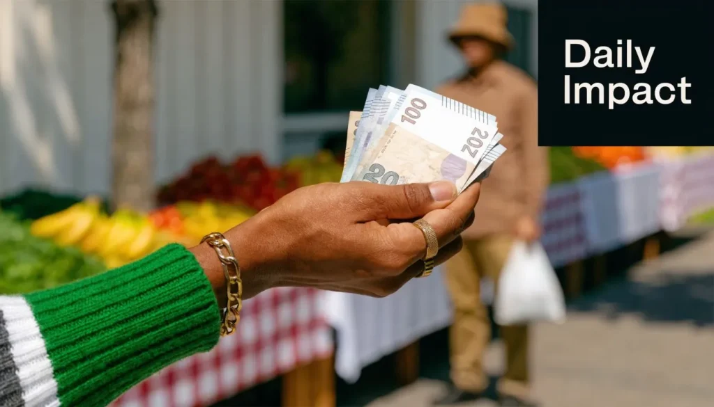 Argentina Inflation Rate: A Complete 2026 Explainer Hand holding cash at an outdoor market with “Daily Impact” text overlay.