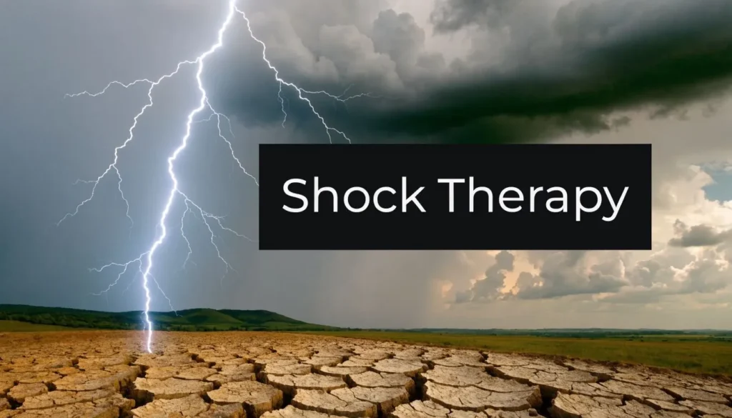 Argentina Inflation Rate: A Complete 2026 Explainer Lightning strikes cracked dry land beneath storm clouds with “Shock Therapy” text overlay.