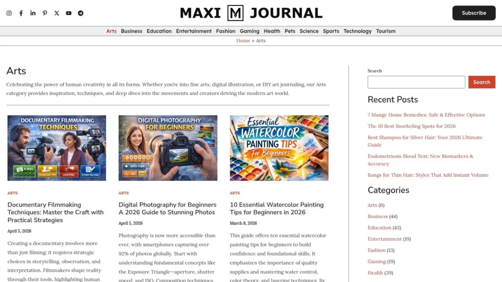 The 7 Best Arts and Culture News Sources of 2026 Maxi Journal Arts category page featuring documentary filmmaking, photography, watercolor articles, recent posts, and categories.