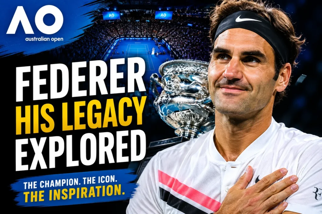 Australian Open Federer legacy thumbnail with tennis stadium, trophy, and Roger Federer portrait.