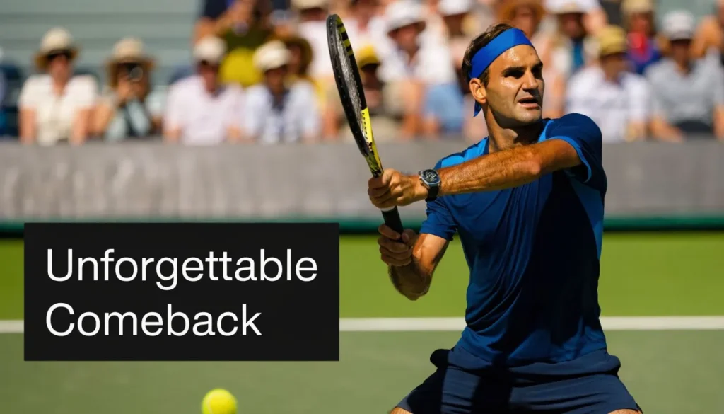Tennis player hitting a backhand shot during a match with text reading Unforgettable Comeback.