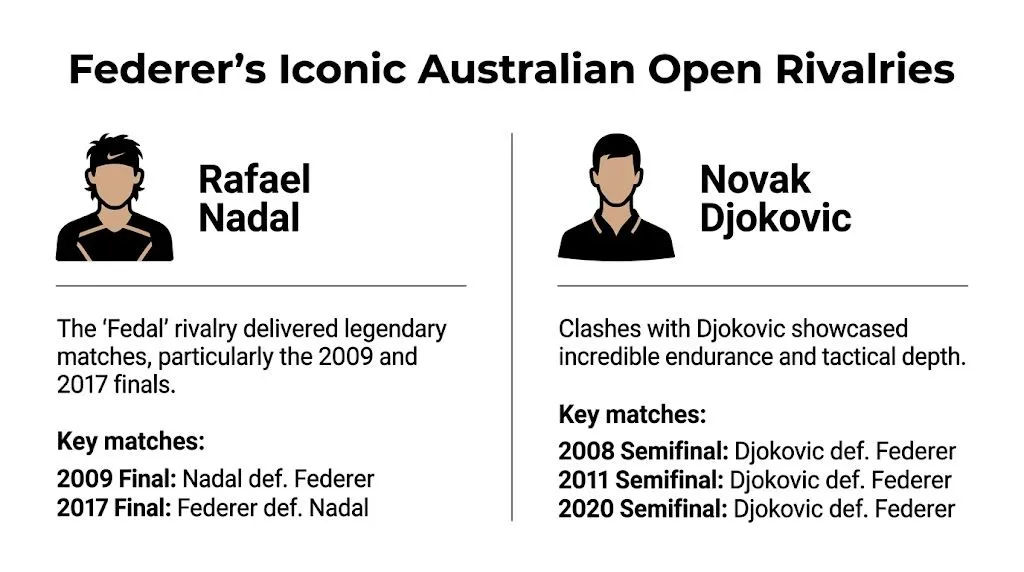 Infographic comparing Federer’s Australian Open rivalries with Rafael Nadal and Novak Djokovic.