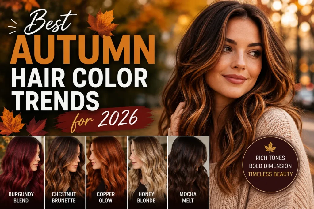 Autumn hair color trends thumbnail featuring brunette model, warm fall tones, and stylish 2026 hairstyle examples.