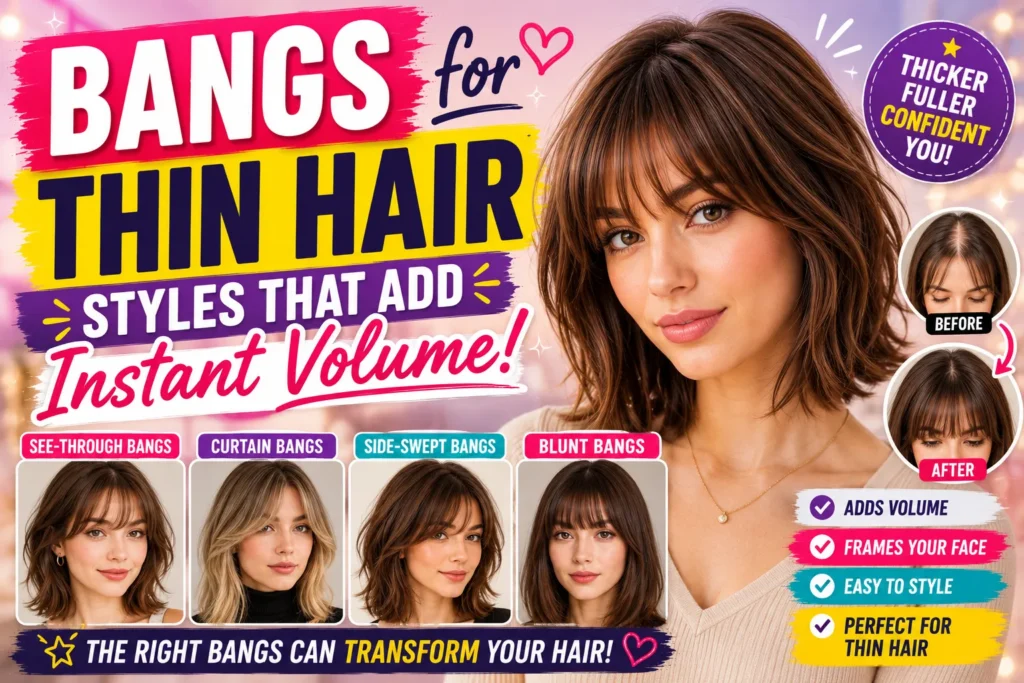 Bangs for Thin Hair: Styles That Add Instant Volume Bangs for thin hair thumbnail with stylish bob cuts, before-and-after volume looks, and colorful beauty graphics.