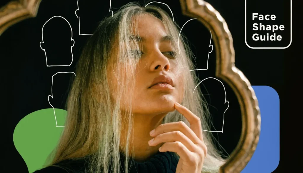 Woman with long hair posing beside face shape outlines in a hairstyle and beauty guide graphic.