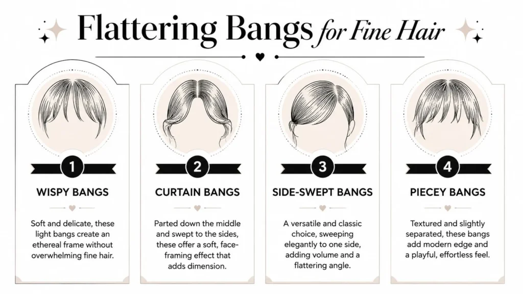 Infographic showing four flattering bang styles for fine hair: wispy, curtain, side-swept, and piecey bangs.