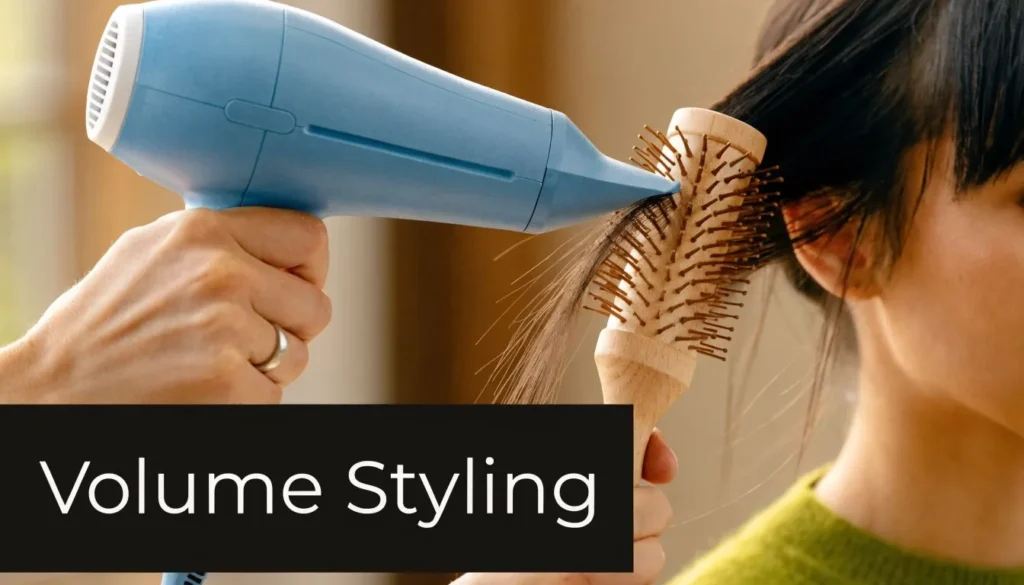 Person blow-drying bangs with a round brush for volume styling on fine hair.