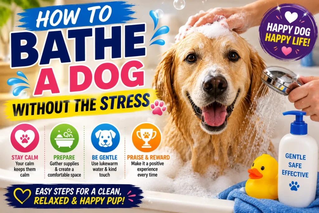 Colorful dog bath thumbnail with happy wet dog, bubbles, shower spray, and stress-free grooming tips.