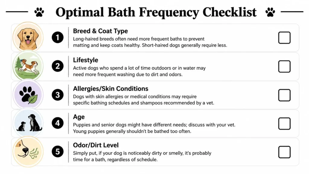 Infographic checklist showing factors for optimal dog bath frequency, including coat type, lifestyle, and age.