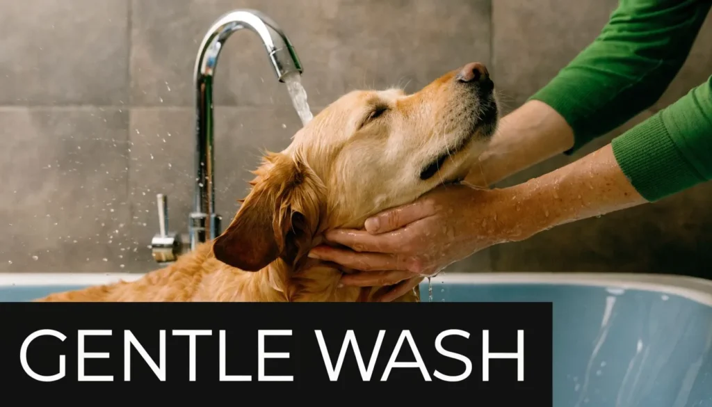 Golden retriever enjoying a gentle bath while being rinsed under running water in a tub.