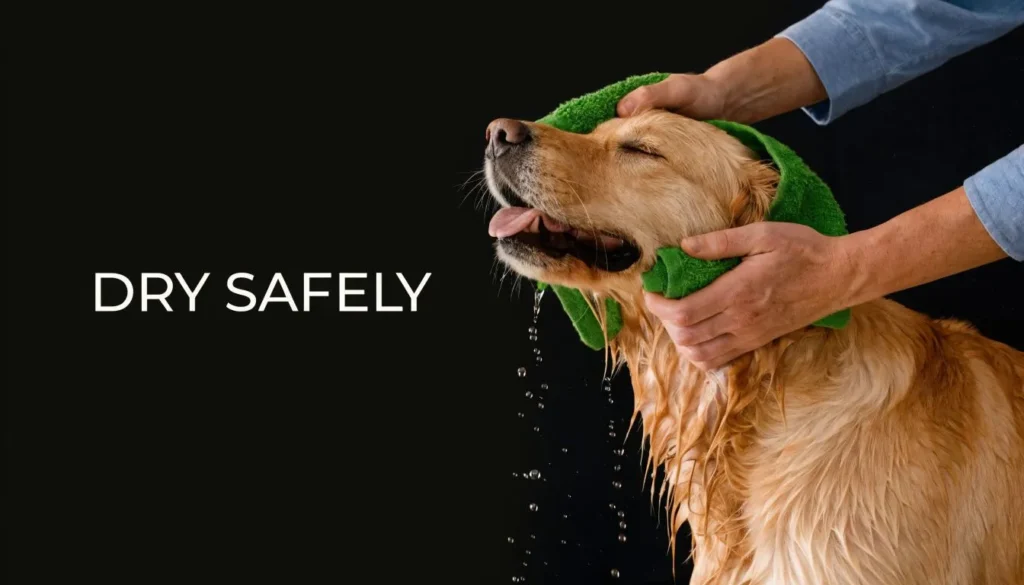 Golden retriever being gently dried with a green towel after a bath against a black background.