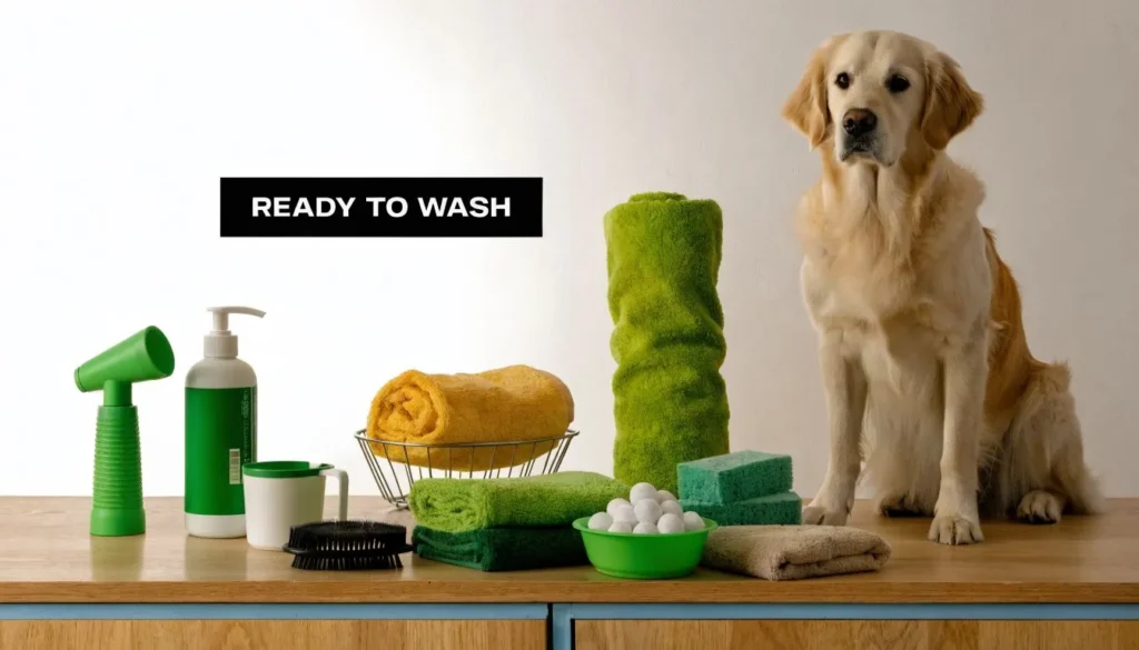 Golden retriever beside dog grooming supplies, towels, and shampoo prepared for bath time.
