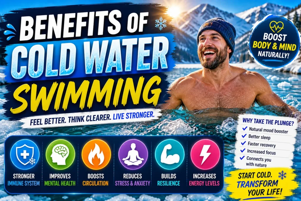 Cold water swimming thumbnail with smiling swimmer in icy lake, snowy mountains, and wellness benefit icons.