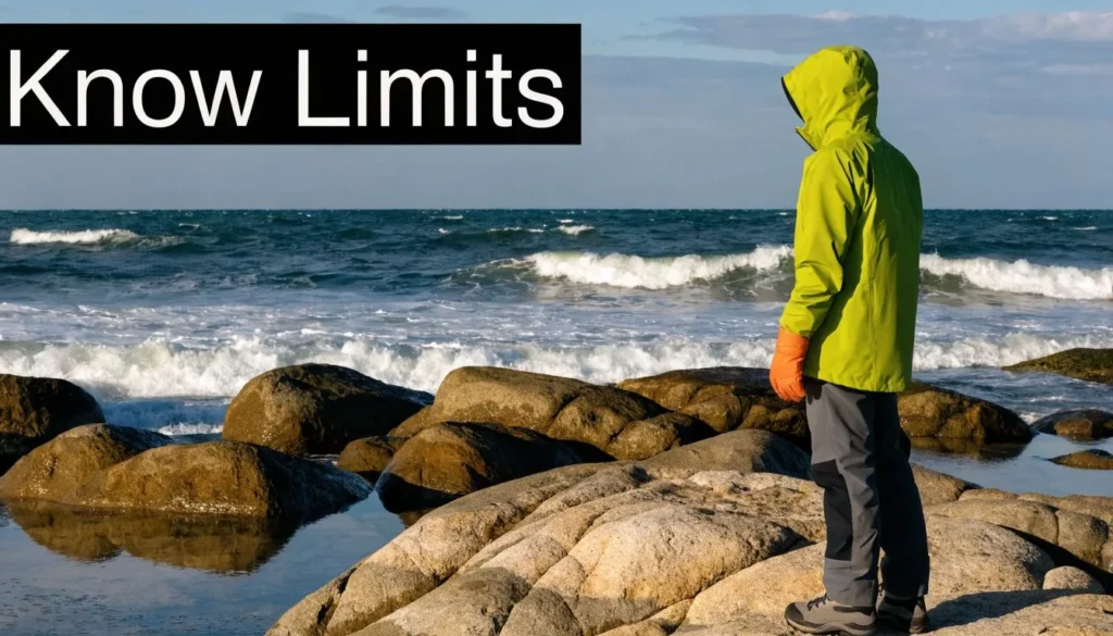 Person in hooded jacket standing on rocky shore with “Know Limits” text about cold water safety awareness.