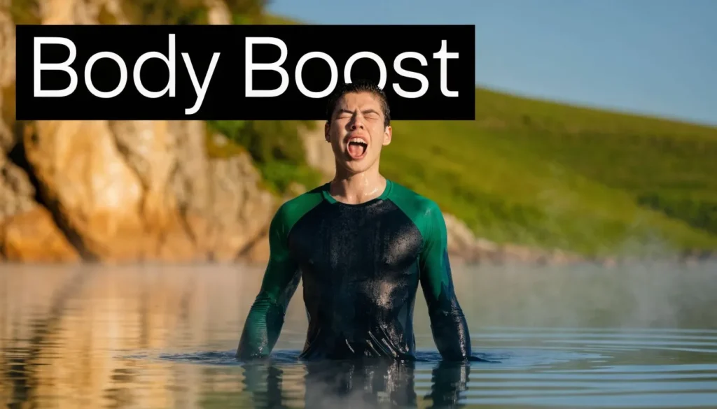 Person emerging from cold water in wetsuit with “Body Boost” text, symbolizing cold plunge health benefits.