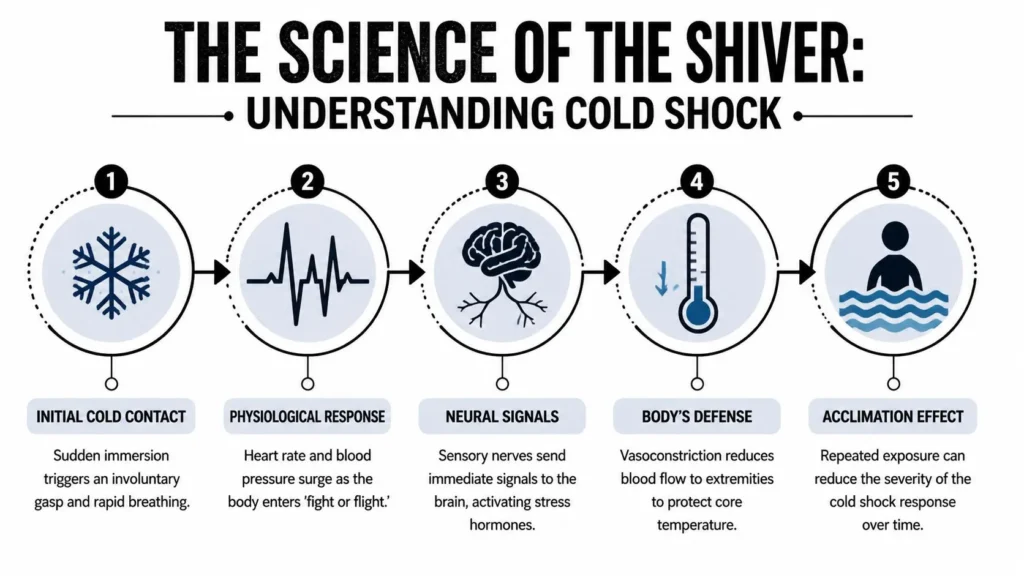 Infographic explaining cold shock response stages from cold contact to acclimation effect in the body.