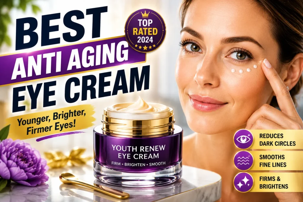 Colorful anti-aging eye cream thumbnail with skincare model, luxury cream jar, and beauty treatment graphics.