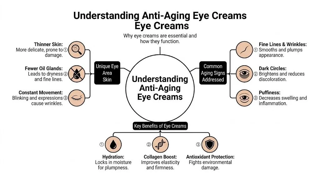 Best Anti Aging Eye Cream: A Guide to What Really Works Infographic explaining anti-aging eye creams, their benefits, and common skin concerns they target.