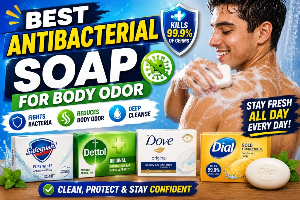 Colorful antibacterial soap thumbnail with shower scene, soap bars, germ protection icons, and freshness graphics.
