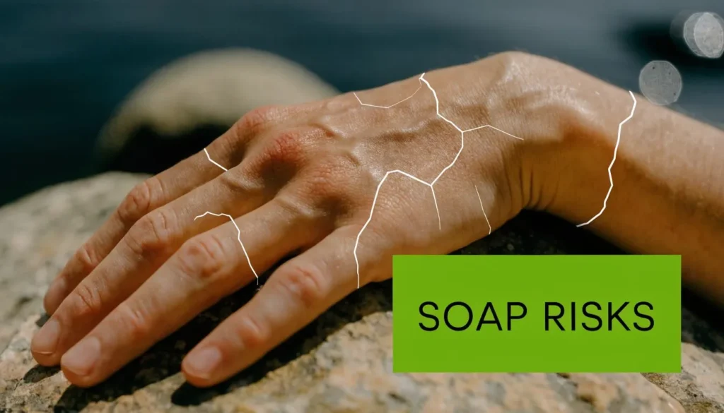 Close-up of dry cracked hand skin with “Soap Risks” text highlighting irritation and skin damage concerns.
