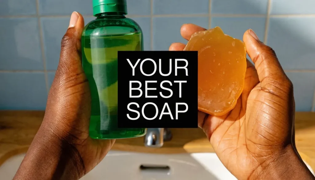 Hands holding liquid soap bottle and bar soap with “Your Best Soap” text in bathroom setting.