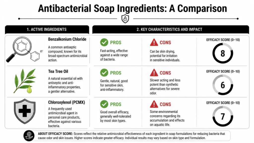 Infographic comparing antibacterial soap ingredients, benefits, drawbacks, and efficacy scores.